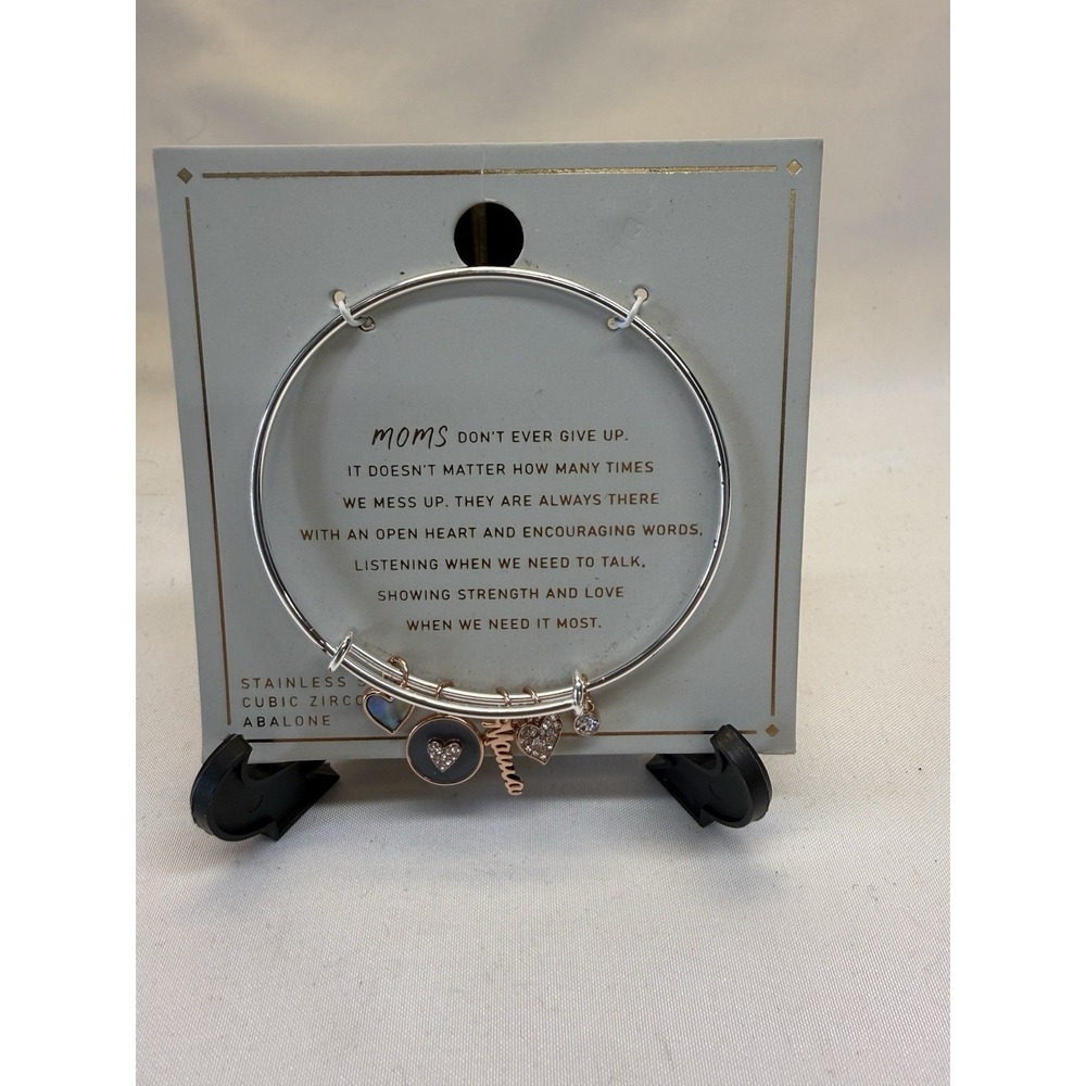 Adjustable Stainless Steel "Moms"Bracelet Cubic Zirconia & Abalone Mothers Day